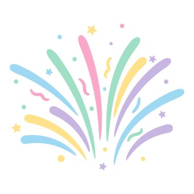 Tatlı pastel konfeti ve kurdele şeritli elementler pembe, sarı, gökyüzü mavisi, nane ve lavanta tonlarında yumuşak kıvrımlı çizgiler.