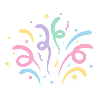 Tatlı pastel konfeti ve kurdele şeritli elementler pembe, sarı, gökyüzü mavisi, nane ve lavanta tonlarında yumuşak kıvrımlı çizgiler.