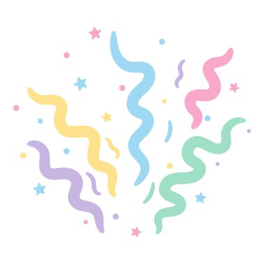 Tatlı pastel konfeti ve kurdele şeritli elementler pembe, sarı, gökyüzü mavisi, nane ve lavanta tonlarında yumuşak kıvrımlı çizgiler.