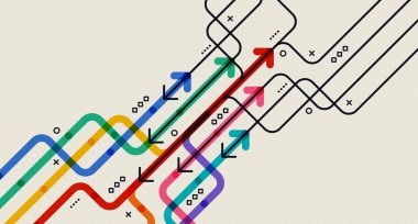 Bej şebeke arka planında çeşitli renklerde eğri ve düz oklar, yol bulma, karmaşık kararlar ve soyut iş stratejilerini temsil eder.