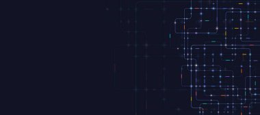 Karanlık uzayda parlayan mavi bağlantı çizgileri ve düğümleriyle gelecekçi devre ağı arka planı, veri akışını, dijital sistemleri, yeniliği ve gelişmiş teknoloji kavramını temsil etmektedir.