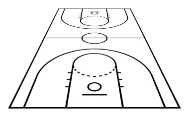 Spor diyagramları, antrenörlük materyalleri, atletik tasarım temaları ve yaratıcı grafik projeleri için uygun anahtar bölgeleri, kavis ve işaretleme çizgilerine sahip bir basketbol sahasının temiz perspektifi.