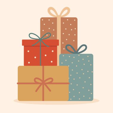 Kurdeleli şirin hediye kutuları ve sıcak pastel renkli dekoratif desenler..