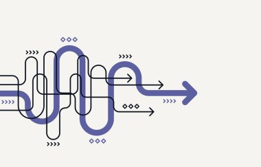 Özet eğri ok çizgileri tek bir yönde birleşerek, en düşük arkaplanda karmaşıklığı, süreç akışını ve stratejik planlamayı sembolize eder..