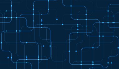 Eğri mavi devre çizgilerine ve koyu arkaplanda parlayan düğümlere sahip gelecekçi dijital ağ, teknoloji, veri ve bağlantı kavramları için idealdir.