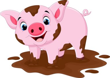 Cartoon pig play in a mud puddle clipart