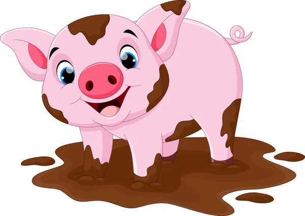 Cartoon pig play in a mud puddle — Stock Vector