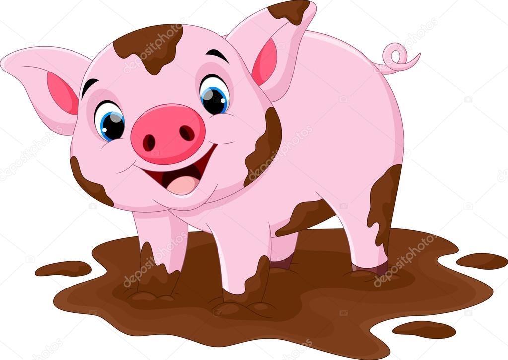 Vector illustration of cartoon pig play in a mud puddle isolated on white background