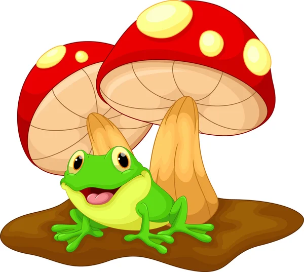 Schattige kikker cartoon en paddestoelen — Stockvector