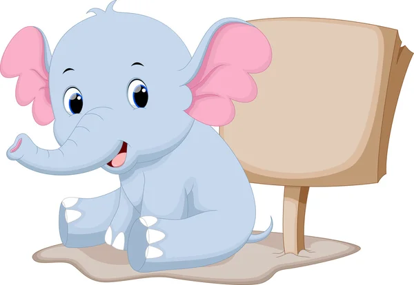 Lindo bebé elefante de dibujos animados con un signo en blanco — Archivo Imágenes Vectoriales