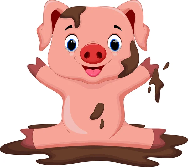 Porco engraçado brincando na lama —  Vetores de Stock