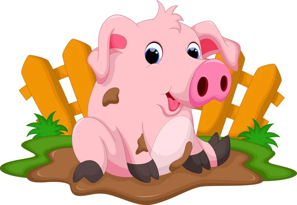 泥の中で遊ぶ面白い豚 — ストックベクタ