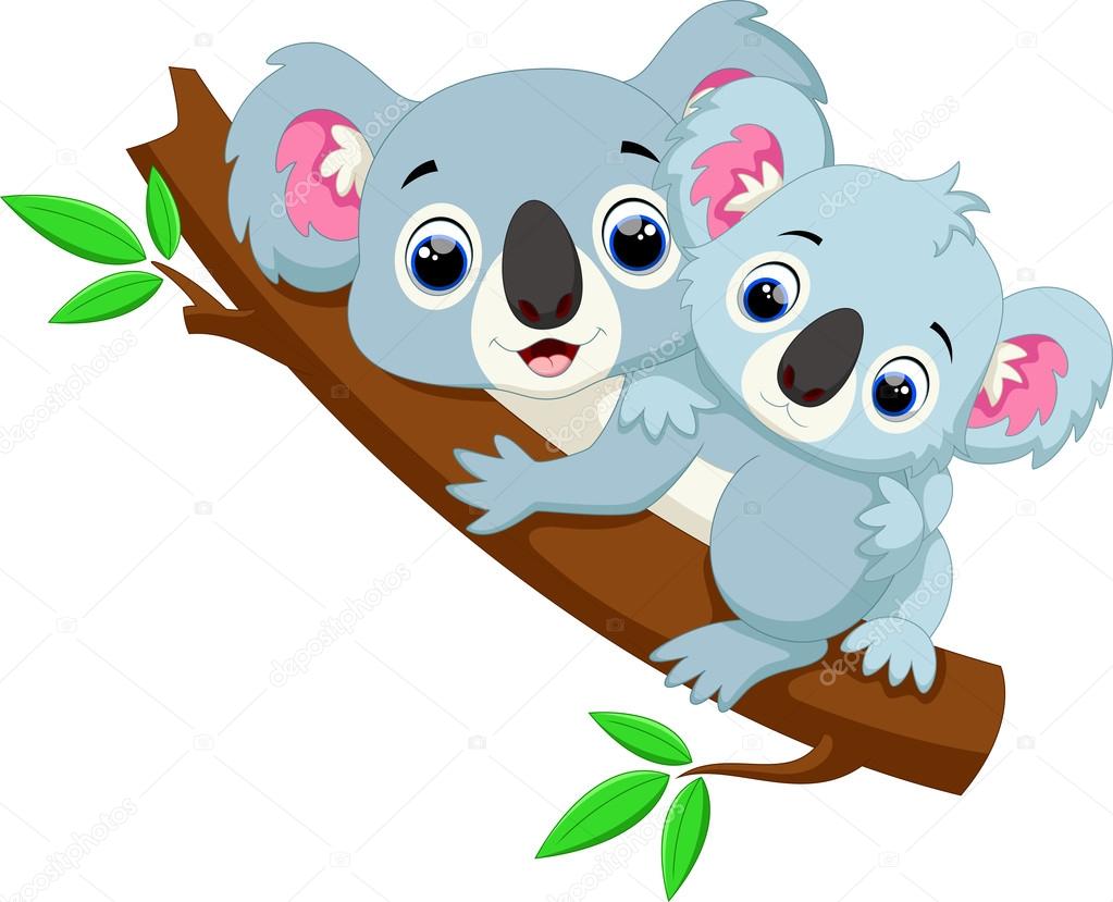 Cute koala cartoon and baby on a tree