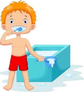 Genç çocuk banyoda Dişlerini fırçalıyor