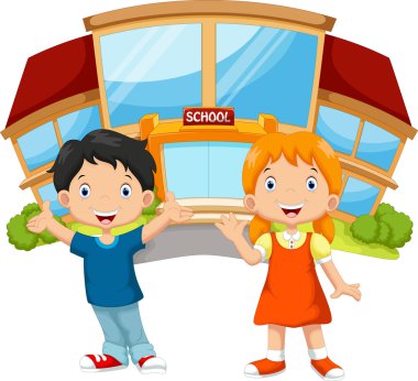 Okul çocukları okul binası önünde