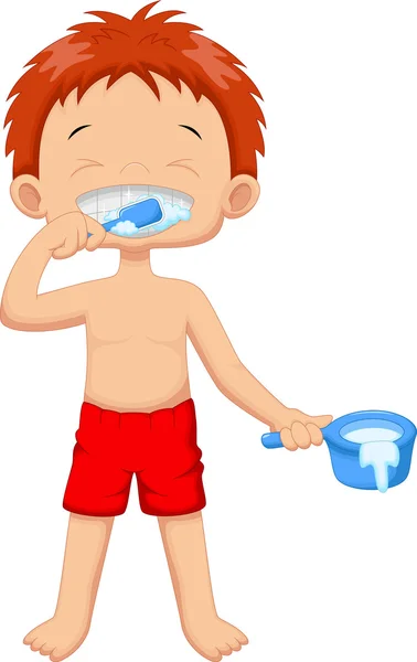 Jovem está escovando os dentes no banheiro —  Vetores de Stock