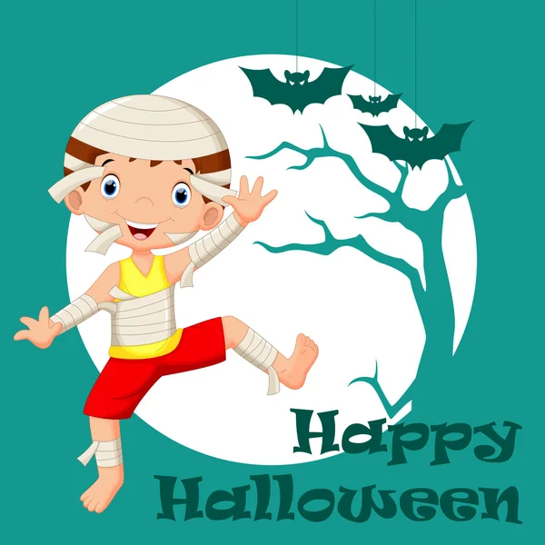 Vicces rajzfilm kis múmia, fiú visel Halloween jelmez — Stock Vector