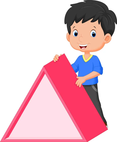 Lindo chico sosteniendo un triángulo — Vector de stock
