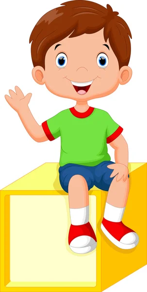 Lindo niño sentado en un cubo — Vector de stock