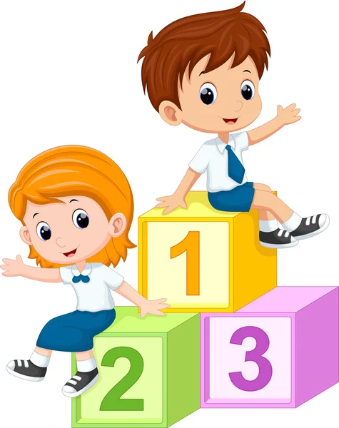 Two students sitting on the numbers blocks — Stock Vector