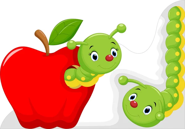 Divertido gusano de dibujos animados en la manzana — Vector de stock