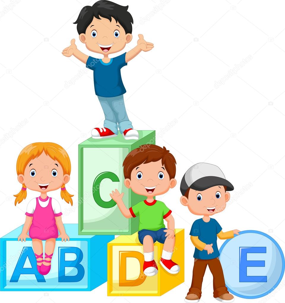 Happy school children playing with alphabet blocks