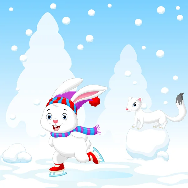 Illustration of funny rabbit on ice skates — Stock Vector