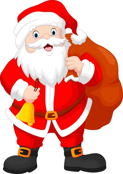 Santa Claus with a bag and a bell with snowfall background — Stock Vector