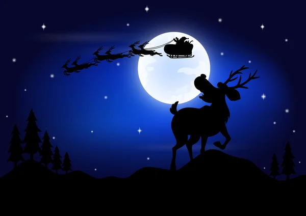 Deer afraid see Santa Claus riding a sleigh pulled by reindeer with the moon as a background — Stock Vector