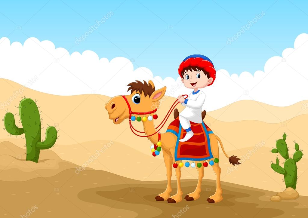 Arab boy riding a camel in the desert