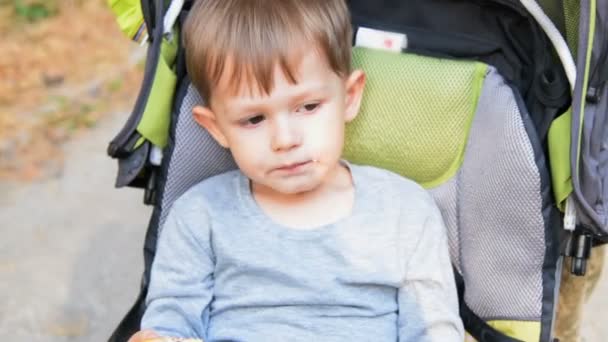 Child in baby stroller eating — Stock Video