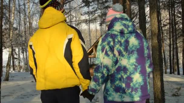 युवा जोडपे हिवाळी जंगलात चालणे — स्टॉक व्हिडिओ