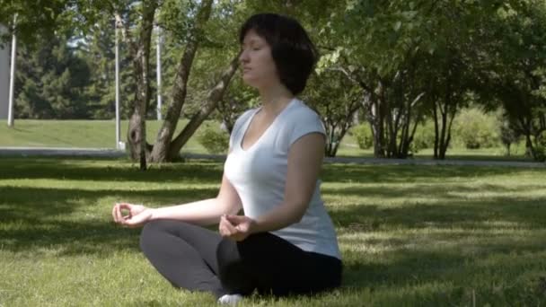 Parkta yoga yapan genç kadın. — Stok video