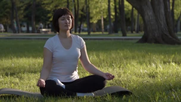 Mujer joven haciendo yoga en el parque al atardecer — Vídeo de stock