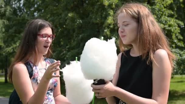 Meninas comendo algodão doce no parque — Vídeo de Stock