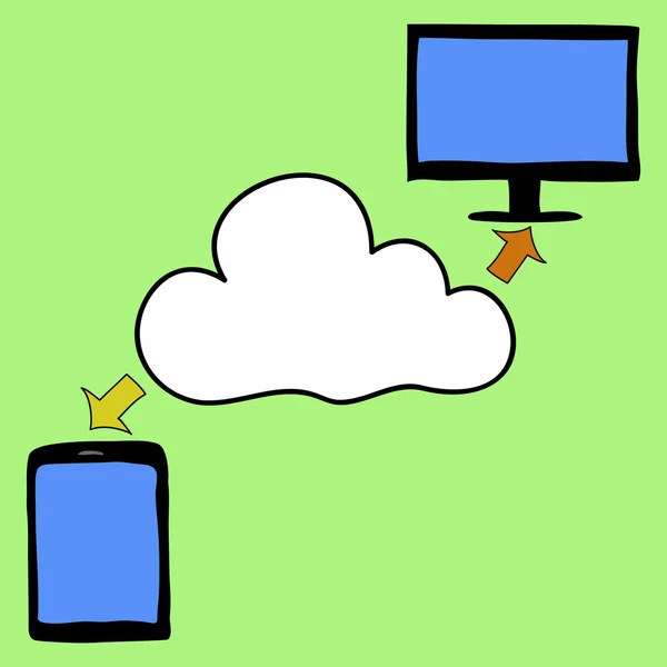 Tablet, pc e cloud in stile Doodle — Vettoriale Stock
