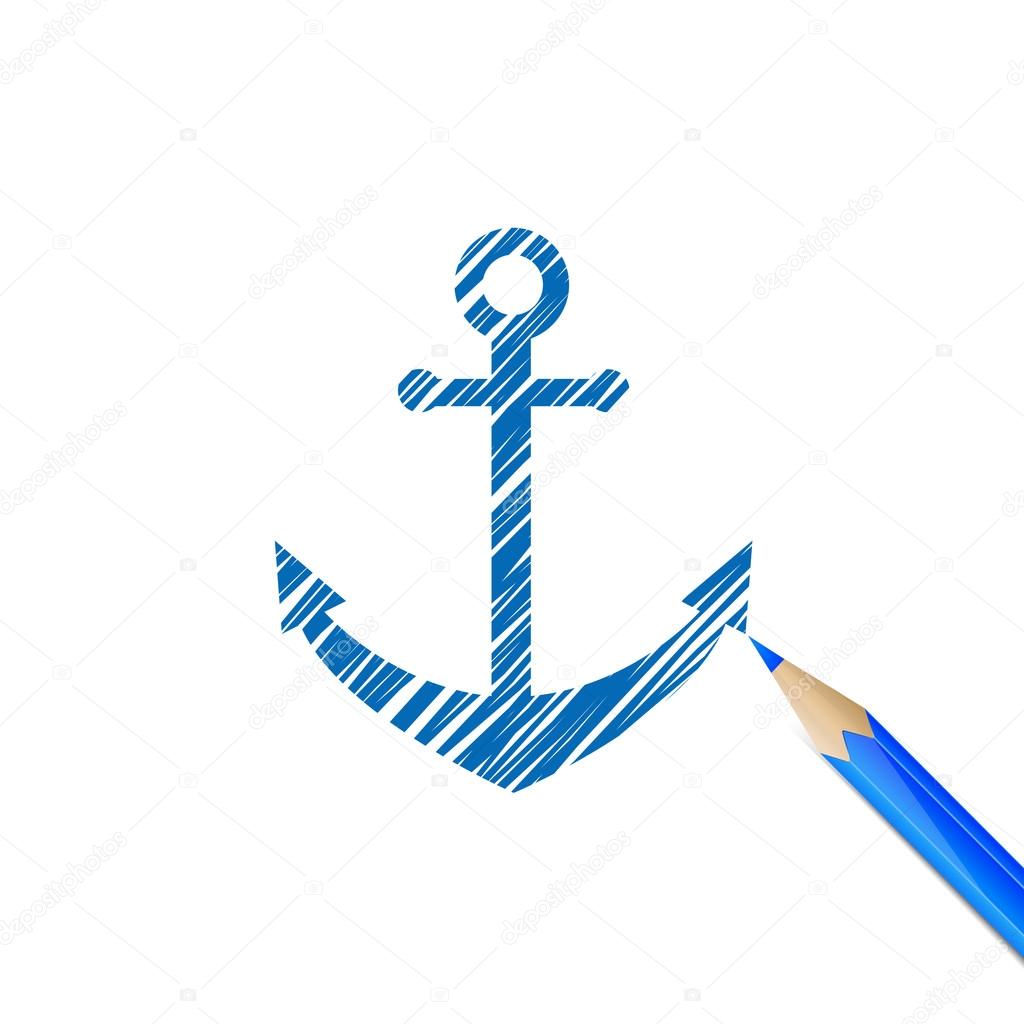 Vintage anchor darwn with blue pencil on white background