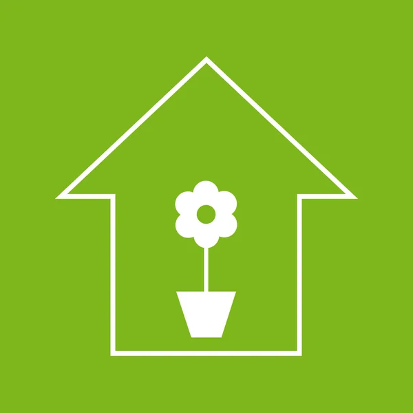 Casa con planta. Blanco sobre verde — Vector de stock