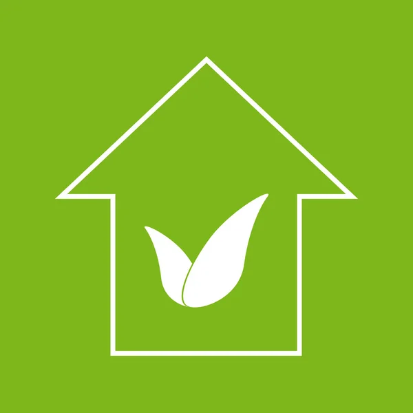 Eco casa con hojas. Blanco sobre verde — Vector de stock