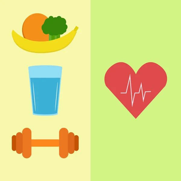 Comida saludable, agua y deporte — Vector de stock