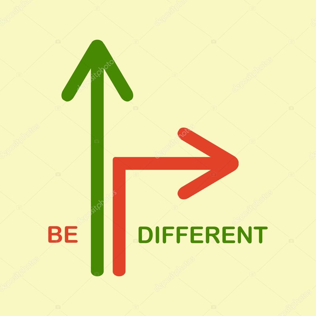 Illustration with two arrows, one straight, another turning. Be different abd unique concept
