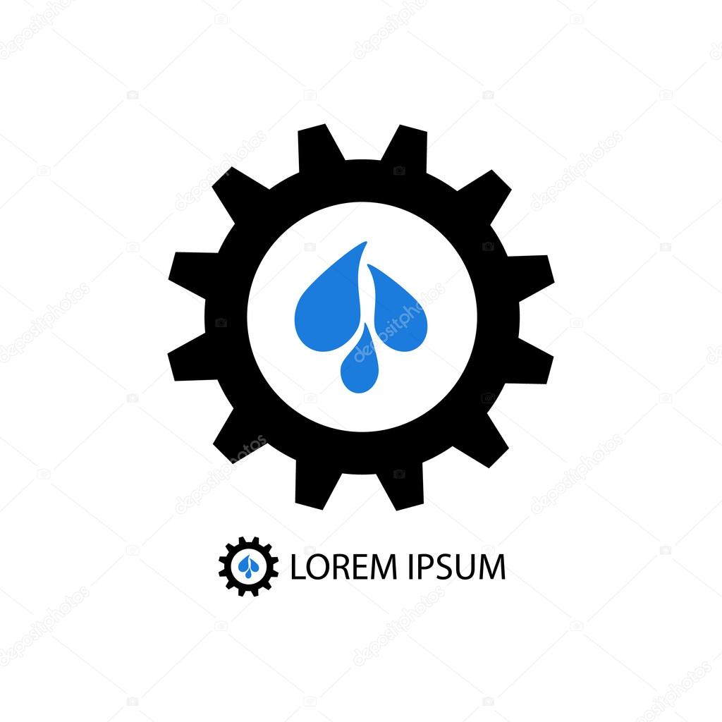 Black gear wheel with blue water drops as logo. Plumbing or engineering sign