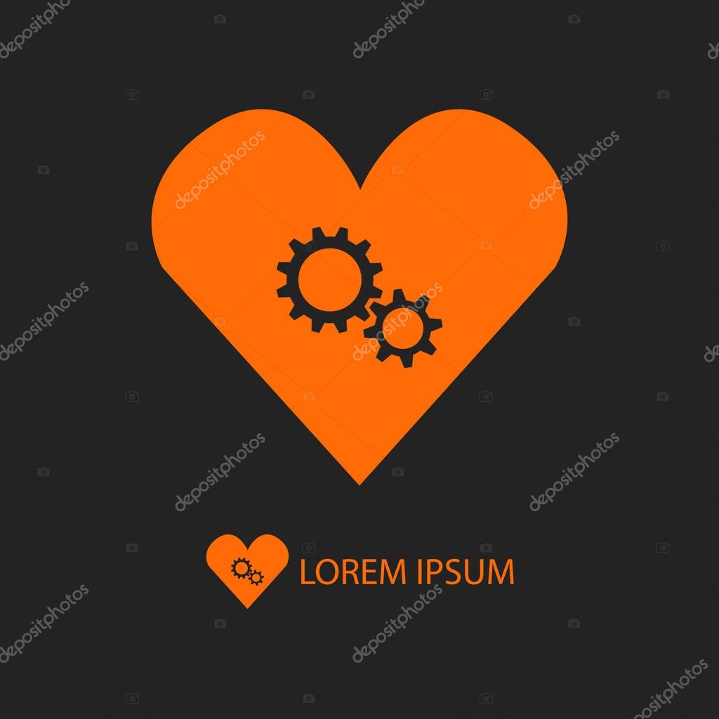 Orange heart with gear wheels as logo with copy space on black background