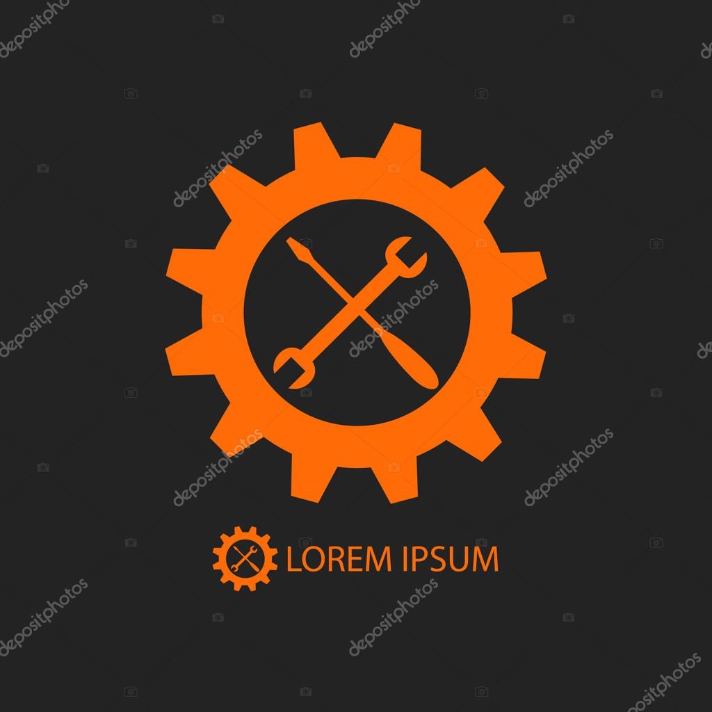 Orange gear wheel and tools as logo with copy space on black background