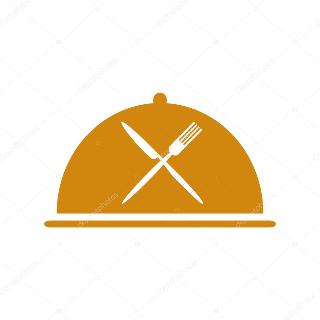 Restaurant icon with orange cloche and crossed fork and knife