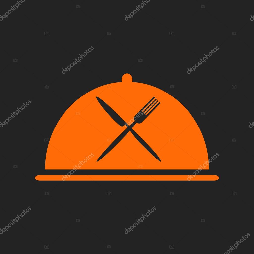 Restaurant icon with orange cloche and crossed black fork and knife
