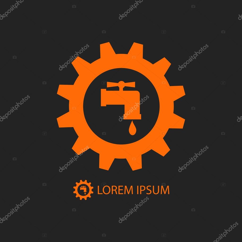 Orange gearwheel with tap sign as plumbing work logo on black background