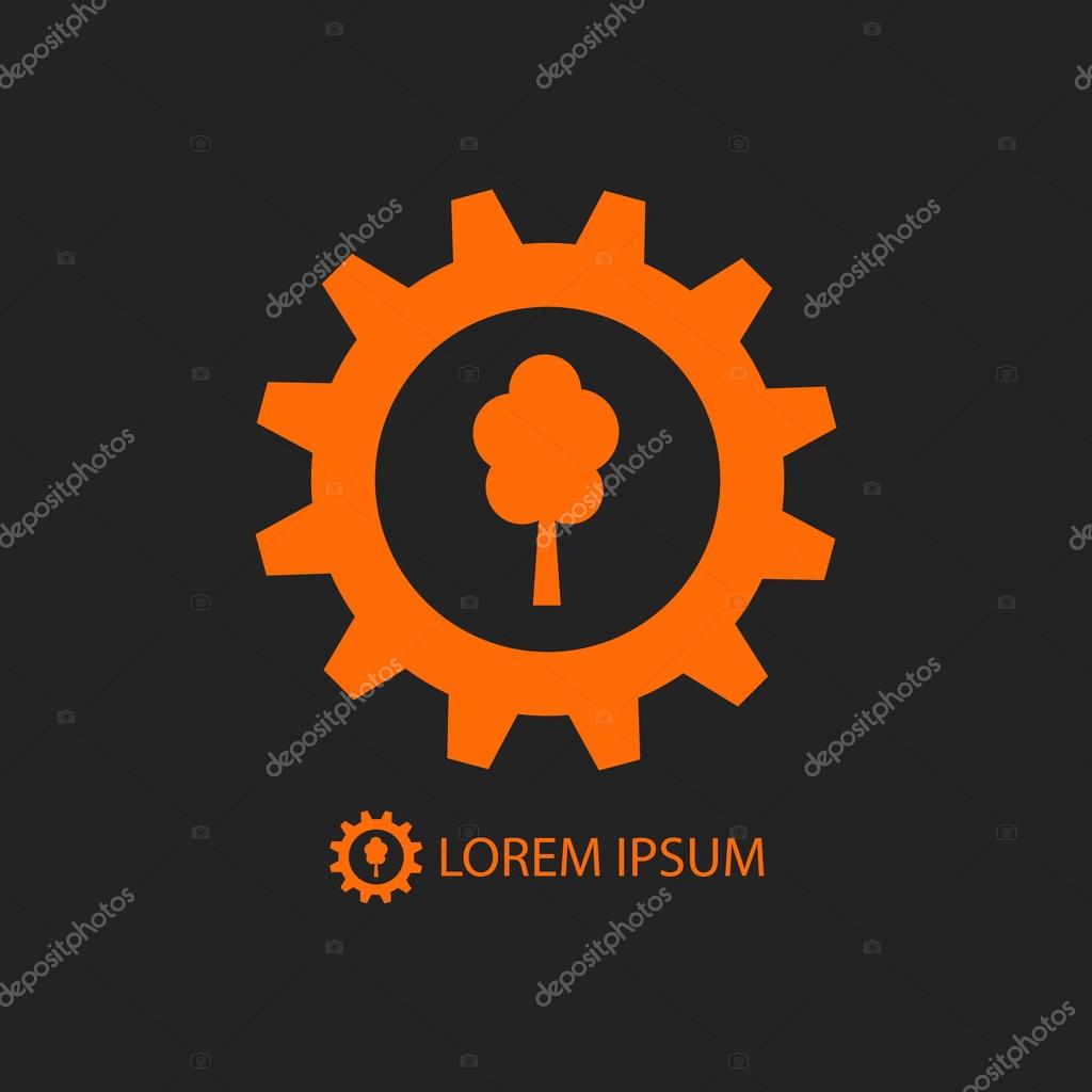 Orange gear wheel with tree as logo of timber industry on black background
