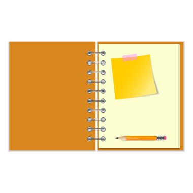 Açık defter ile sarı etiket ve kalem