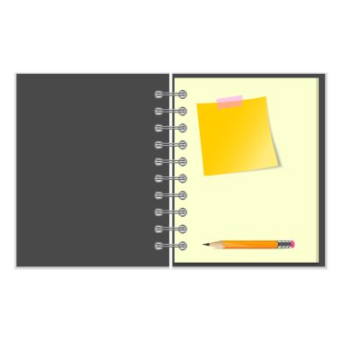 Açık defter ile sarı etiket ve kalem